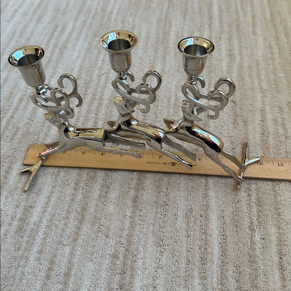 Like New: Christmas Chrome Silver Reindeer Candle Holder Trio Mantle Centerpiece